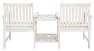 Safavieh BREA Twin Seat Outdoor Bench – Stylish Eco-Friendly Acacia Wood with Umbrella-Ready Drink Table White PAT7014C