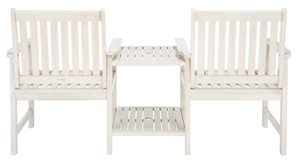 Safavieh BREA Twin Seat Outdoor Bench – Stylish Eco-Friendly Acacia Wood with Umbrella-Ready Drink Table White PAT7014C