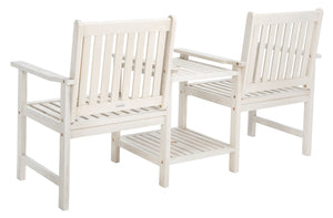 Safavieh BREA Twin Seat Outdoor Bench – Stylish Eco-Friendly Acacia Wood with Umbrella-Ready Drink Table White PAT7014C