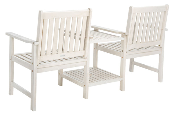 Safavieh BREA Twin Seat Outdoor Bench – Stylish Eco-Friendly Acacia Wood with Umbrella-Ready Drink Table White PAT7014C
