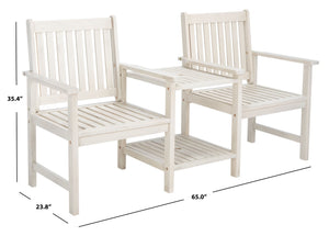 Safavieh BREA Twin Seat Outdoor Bench – Stylish Eco-Friendly Acacia Wood with Umbrella-Ready Drink Table White PAT7014C