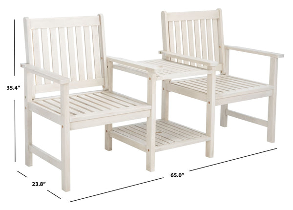 Safavieh BREA Twin Seat Outdoor Bench – Stylish Eco-Friendly Acacia Wood with Umbrella-Ready Drink Table White PAT7014C