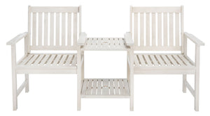 Safavieh BREA Twin Seat Outdoor Bench – Stylish Eco-Friendly Acacia Wood with Umbrella-Ready Drink Table White PAT7014C