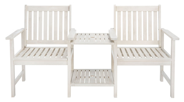Safavieh BREA Twin Seat Outdoor Bench – Stylish Eco-Friendly Acacia Wood with Umbrella-Ready Drink Table White PAT7014C