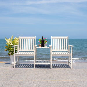 Safavieh BREA Twin Seat Outdoor Bench – Stylish Eco-Friendly Acacia Wood with Umbrella-Ready Drink Table White PAT7014C