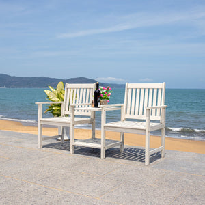 Safavieh BREA Twin Seat Outdoor Bench – Stylish Eco-Friendly Acacia Wood with Umbrella-Ready Drink Table White PAT7014C