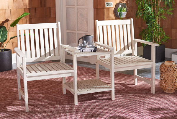 Safavieh BREA Twin Seat Outdoor Bench – Stylish Eco-Friendly Acacia Wood with Umbrella-Ready Drink Table White PAT7014C