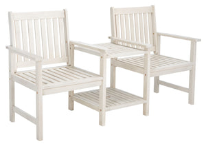 Safavieh BREA Twin Seat Outdoor Bench – Stylish Eco-Friendly Acacia Wood with Umbrella-Ready Drink Table White PAT7014C