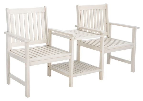 Safavieh BREA Twin Seat Outdoor Bench – Stylish Eco-Friendly Acacia Wood with Umbrella-Ready Drink Table White PAT7014C
