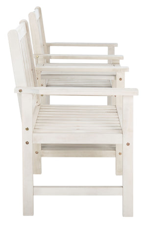 Safavieh BREA Twin Seat Outdoor Bench – Stylish Eco-Friendly Acacia Wood with Umbrella-Ready Drink Table White PAT7014C