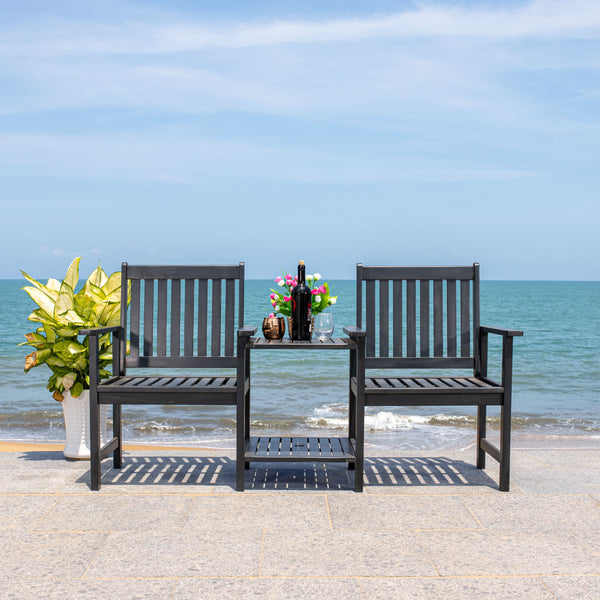 Safavieh Brea Twin Seat Outdoor Bench - Eco-friendly Acacia Wood With Umbrella Drink Table For Porch & Patio Black Wood Pat7014d