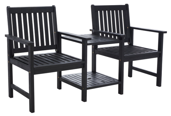 Safavieh Brea Twin Seat Outdoor Bench - Eco-friendly Acacia Wood With Umbrella Drink Table For Porch & Patio Black Wood Pat7014d