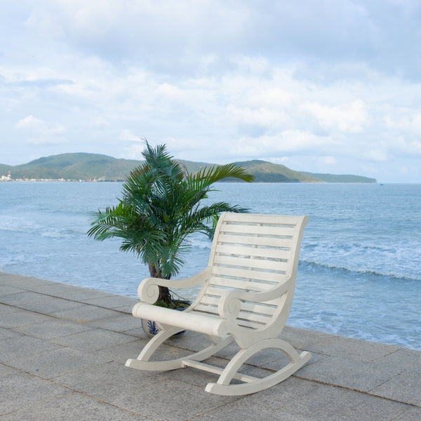 Safavieh SONORA Outdoor Rocking Chair – Elegant Eucalyptus Design for Relaxation on Your Porch or Patio White PAT7016C