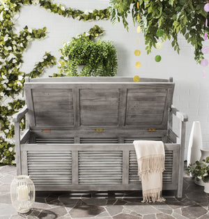 Safavieh BRISBANE Outdoor Storage Bench - Stylish Acacia Wood Seat with Hidden Compartment for Patios Grey PAT7017A