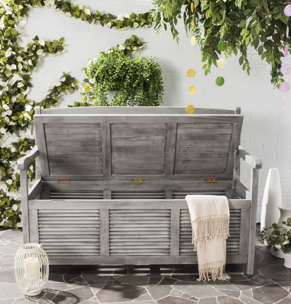 Safavieh BRISBANE Outdoor Storage Bench - Stylish Acacia Wood Seat with Hidden Compartment for Patios Grey PAT7017A