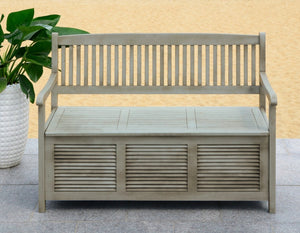 Safavieh BRISBANE Outdoor Storage Bench - Stylish Acacia Wood Seat with Hidden Compartment for Patios Grey PAT7017A