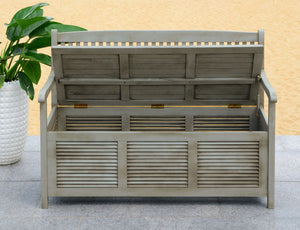 Safavieh BRISBANE Outdoor Storage Bench - Stylish Acacia Wood Seat with Hidden Compartment for Patios Grey PAT7017A