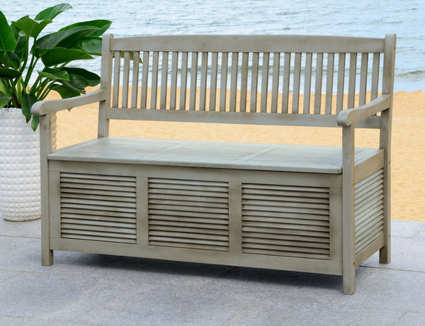 Safavieh BRISBANE Outdoor Storage Bench - Stylish Acacia Wood Seat with Hidden Compartment for Patios Grey PAT7017A