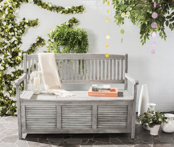Safavieh BRISBANE Outdoor Storage Bench - Stylish Acacia Wood Seat with Hidden Compartment for Patios Grey PAT7017A
