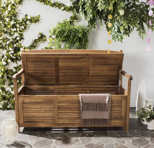 Safavieh BRISBANE Outdoor Storage Bench - Stylish Acacia Wood Seat with Hidden Compartment for Patios Natural PAT7017B