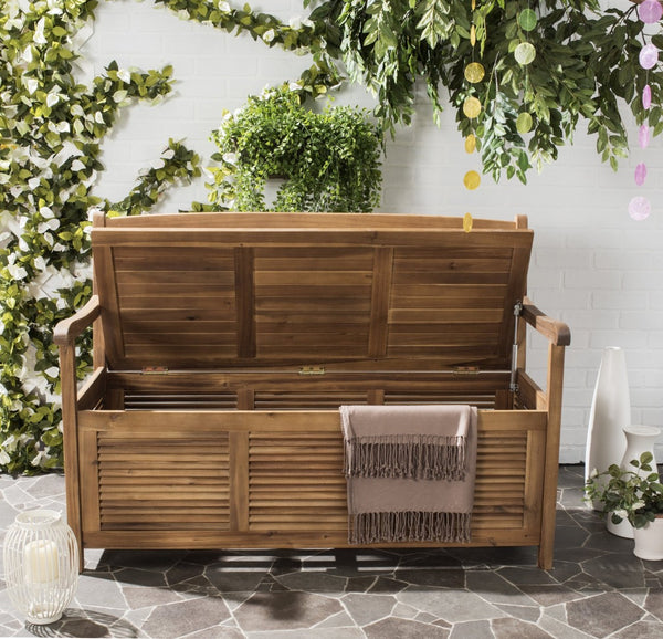 Safavieh BRISBANE Outdoor Storage Bench - Stylish Acacia Wood Seat with Hidden Compartment for Patios Natural PAT7017B