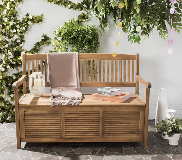 Safavieh BRISBANE Outdoor Storage Bench - Stylish Acacia Wood Seat with Hidden Compartment for Patios Natural PAT7017B