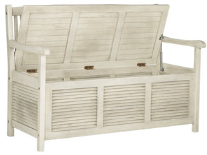 Safavieh BRISBANE Outdoor Storage Bench - Stylish Acacia Wood Seat with Hidden Compartment for Patios Distressed / White PAT7017C