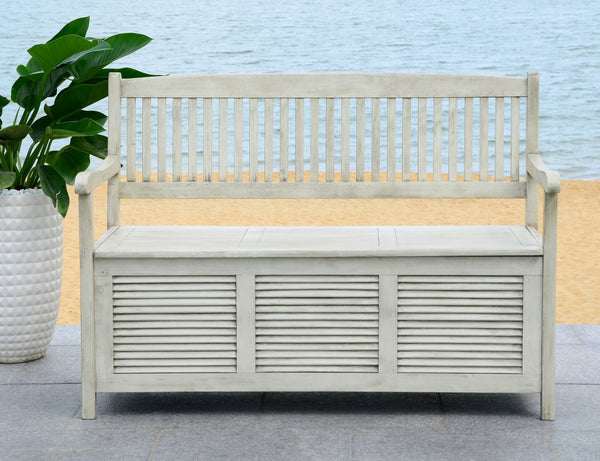 Safavieh BRISBANE Outdoor Storage Bench - Stylish Acacia Wood Seat with Hidden Compartment for Patios Distressed / White PAT7017C