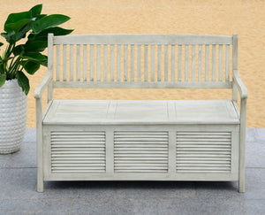 Safavieh BRISBANE Outdoor Storage Bench - Stylish Acacia Wood Seat with Hidden Compartment for Patios Distressed / White PAT7017C