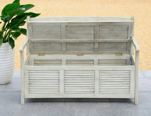 Safavieh BRISBANE Outdoor Storage Bench - Stylish Acacia Wood Seat with Hidden Compartment for Patios Distressed / White PAT7017C