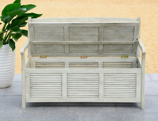 Safavieh BRISBANE Outdoor Storage Bench - Stylish Acacia Wood Seat with Hidden Compartment for Patios Distressed / White PAT7017C