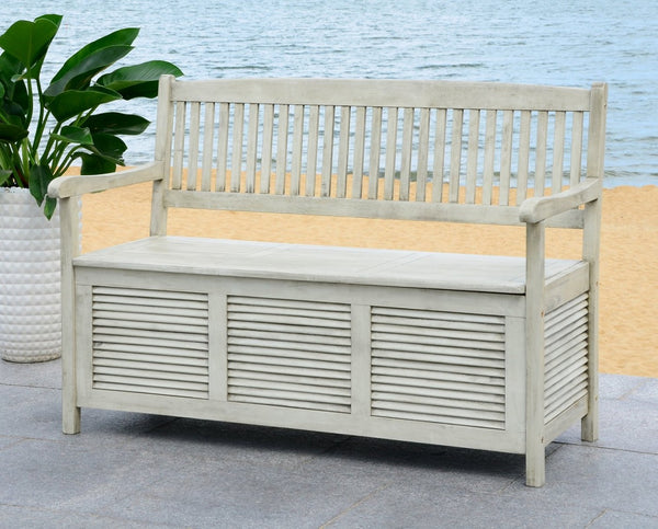 Safavieh BRISBANE Outdoor Storage Bench - Stylish Acacia Wood Seat with Hidden Compartment for Patios Distressed / White PAT7017C
