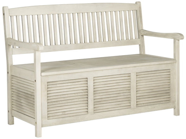 Safavieh BRISBANE Outdoor Storage Bench - Stylish Acacia Wood Seat with Hidden Compartment for Patios Distressed / White PAT7017C