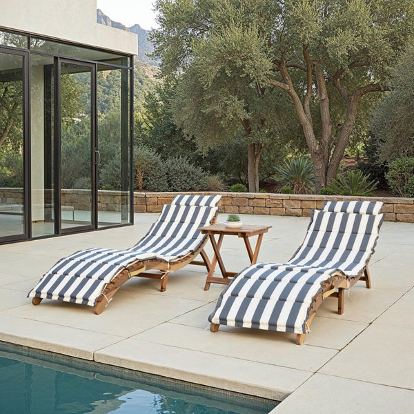 Safavieh PACIFICA 3-Piece Lounge Set - Coastal-Inspired Outdoor Elegance with Durable Acacia Wood Frames Natural / Grey Stripe PAT7020A
