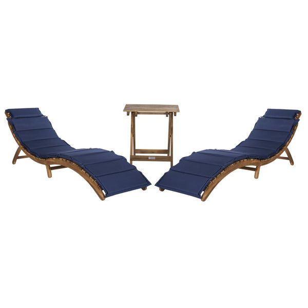 Safavieh PACIFICA 3-Piece Lounge Set - Coastal-Inspired Outdoor Elegance with Durable Acacia Wood Frames Natural / Navy PAT7020C
