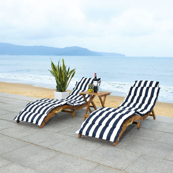 Safavieh PACIFICA 3-Piece Lounge Set - Coastal-Inspired Outdoor Elegance with Durable Acacia Wood Frames Natural / Navy Stripe PAT7020F