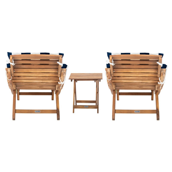 Safavieh PACIFICA 3-Piece Lounge Set - Coastal-Inspired Outdoor Elegance with Durable Acacia Wood Frames Natural / Navy Stripe PAT7020F
