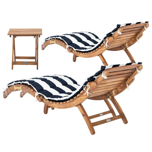 Safavieh PACIFICA 3-Piece Lounge Set - Coastal-Inspired Outdoor Elegance with Durable Acacia Wood Frames Natural / Navy Stripe PAT7020F