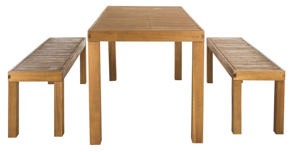 Safavieh DARIO 3-Piece Dining Set for Outdoor Gatherings – Modern Table and Benches for Stylish Comfort Natural PAT7029A