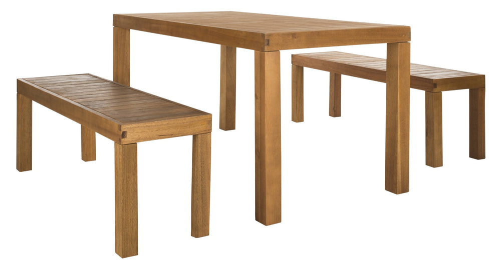 Safavieh DARIO 3-Piece Dining Set for Outdoor Gatherings – Modern Table and Benches for Stylish Comfort Natural PAT7029A