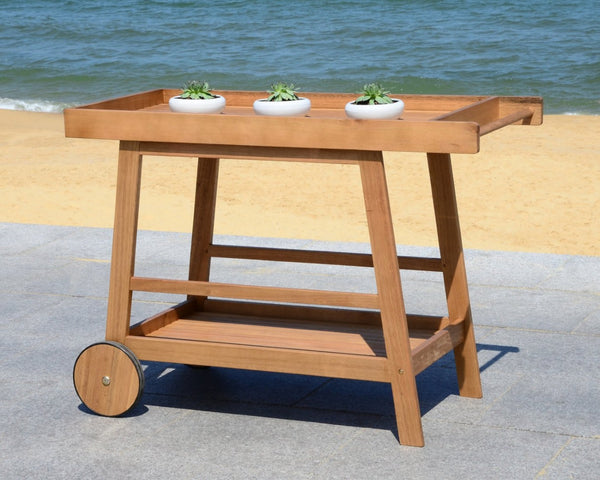 Safavieh RENZO Indoor/Outdoor Bar Cart – Stylish Eucalyptus Wood Serving Cart for Effortless Entertaining Natural PAT7032A