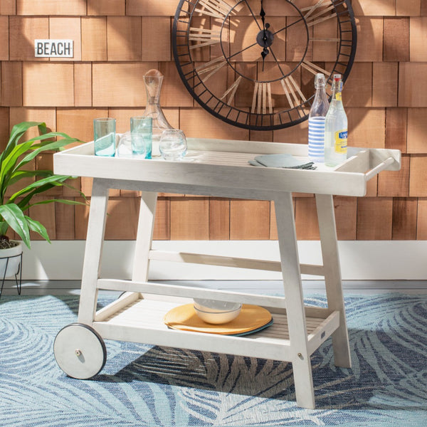Safavieh RENZO Indoor/Outdoor Bar Cart – Stylish Eucalyptus Wood Serving Cart for Effortless Entertaining White PAT7032C