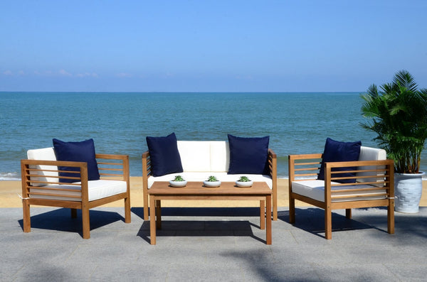 Safavieh ALDA Contemporary 4-Piece Outdoor Furniture Set for Stylish Patio Living and Relaxation Comfort Natural / Bge + Solid Plw PAT7033A