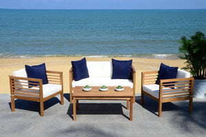 Safavieh ALDA Contemporary 4-Piece Outdoor Furniture Set for Stylish Patio Living and Relaxation Comfort Natural / Bge + Solid Plw PAT7033A