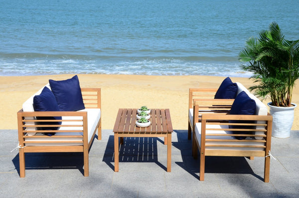 Safavieh ALDA Contemporary 4-Piece Outdoor Furniture Set for Stylish Patio Living and Relaxation Comfort Natural / Bge + Solid Plw PAT7033A