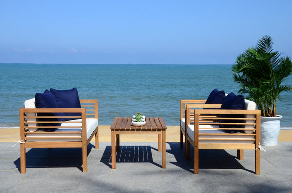 Safavieh ALDA Contemporary 4-Piece Outdoor Furniture Set for Stylish Patio Living and Relaxation Comfort Natural / Bge + Solid Plw PAT7033A