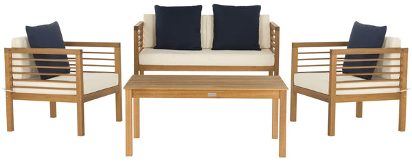 Safavieh ALDA Contemporary 4-Piece Outdoor Furniture Set for Stylish Patio Living and Relaxation Comfort Natural / Bge + Solid Plw PAT7033A