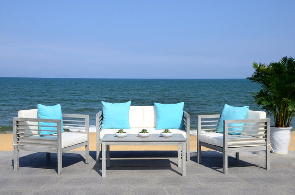 Safavieh ALDA Contemporary 4-Piece Outdoor Furniture Set for Stylish Patio Living and Relaxation Comfort Grey / Bge + Solid Plw PAT7033B