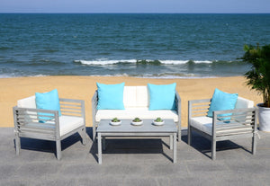 Safavieh ALDA Contemporary 4-Piece Outdoor Furniture Set for Stylish Patio Living and Relaxation Comfort Grey / Bge + Solid Plw PAT7033B