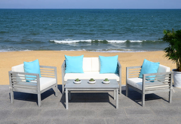 Safavieh ALDA Contemporary 4-Piece Outdoor Furniture Set for Stylish Patio Living and Relaxation Comfort Grey / Bge + Solid Plw PAT7033B